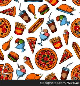 Seamless retro sketches of fast food dishes pattern background with hamburgers, hot dogs and coffee cups, pepperoni pizza, french fries and fried chicken, ice cream cones and sundae desserts. Retro seamless pattern of fast food dishes