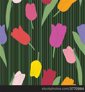 Seamless retro tulips pattern on a background with stripes, hand drawn doodle illustration