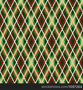 Seamless rhombic illustration pattern as a tartan plaid mainly in green color with red, white and beige lines