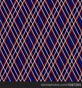 Seamless rhombic vector pattern as a tartan plaid in dark blue color with white, beige and red lines