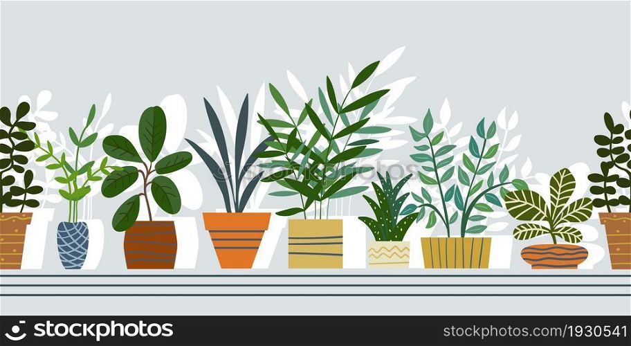 Seamless ribbon border with indoor plants. Vector illustration.