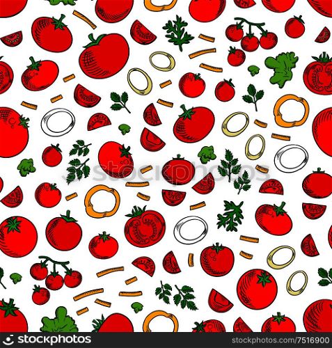 Seamless ripe juicy red tomatoes vegetables pattern with sweet cherry tomatoes, fresh green lettuce and twigs of parsley and dill over white background. Kitchen interior or organic farming design usage. Seamless tomatoes vegetables and herbs pattern