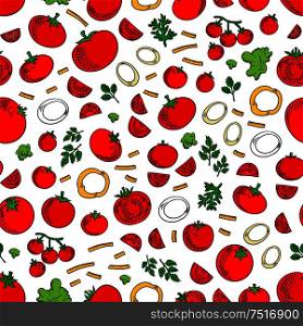 Seamless ripe juicy red tomatoes vegetables pattern with sweet cherry tomatoes, fresh green lettuce and twigs of parsley and dill over white background. Kitchen interior or organic farming design usage. Seamless tomatoes vegetables and herbs pattern