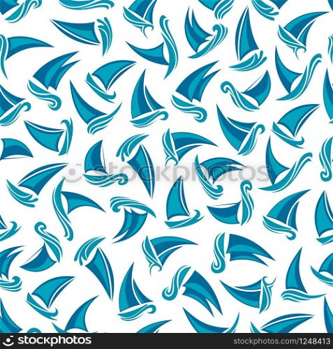 Seamless romantic marine journey pattern with blue cartoon sailing ships on white background. Great for summer vacation, sea travel theme or scrapbook page backdrop design usage
