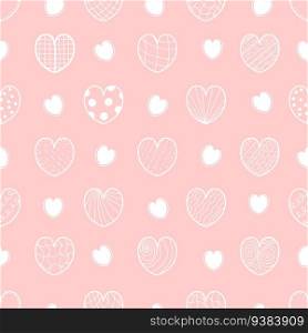 Seamless romantic pattern. Hearts on soft pink background. Vector illustration in linear hand drawn doodle style for holiday design, decor, valentines, packaging