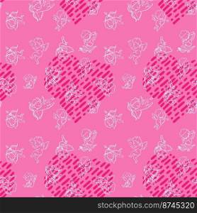 Seamless romantic pattern with Flying Cupid or Amur. Ready template for design, postcards, print, poster, party, Valentine s day, vintage textile. Vector.