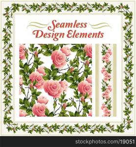 Seamless rose pattern and borders. Vector illustration