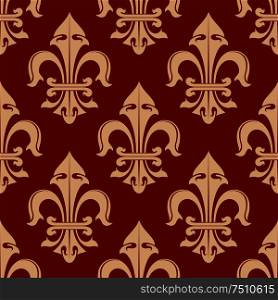 Seamless royal french fleur-de-lis floral pattern with beige lily flowers on red background, for heraldry theme or wallpaper design . Beige and red french fleur-de-lis seamless pattern