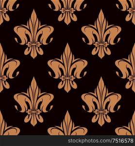Seamless royal french fleur-de-lis pattern in brown and beige colors with ornament of heraldic lily flowers. Heraldry background, interior or wallpaper themes usage. Brown seamless fleur-de-lis pattern