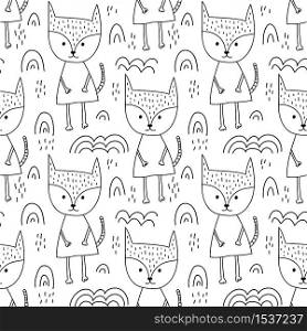 Seamless scandinavian holidays theme fox in forest and christmas clouds. Background pattern in vector. Cute animal for wallpaper, textile and kids design.. Seamless scandinavian holidays theme fox in forest and christmas clouds. Background pattern in vector. Cute animal for wallpaper, textile and kids design