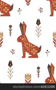 Seamless scandinavian vector pattern with easter bunnies with folk art on white background. Festive texture with hares and floral decorations. Fabric swatch with geometric animal. Seamless scandinavian vector pattern with easter bunnies with folk art on white background. Festive texture with hares and floral decorations.