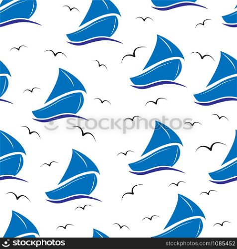Seamless sea background with yacht under sail and seagulls. Solution for textiles, packaging, paper printing, simple backgrounds and texture.