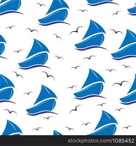 Seamless sea background with yacht under sail and seagulls. Solution for textiles, packaging, paper printing, simple backgrounds and texture.