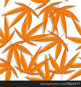 Seamless seasonal background with random orange withered stylized leaves, on white background. Seamless background with orange withered leaves