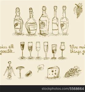Seamless set of isolated wine bottles and glasses vector illustration