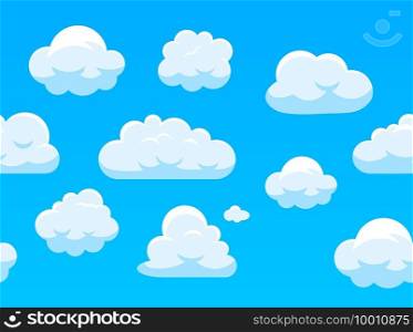 Seamless sky with white clouds. Cartoon blue skyscape border for computer game. Fluffy clouds, bright weather heavens background vector texture for kids, nursery wallpaper or fabric design. Seamless sky with white clouds. Cartoon blue skyscape border for computer game. Vector texture