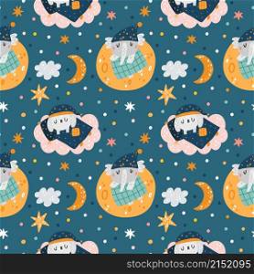 Seamless sleeping animals. Funny characters in nightcaps. Cute pattern with baby fauna napping under blankets. Sweet dreams on clouds or moon. Relaxing elephant and puppy in pajamas. Vector background. Seamless sleeping animals. Funny characters in nightcaps. Cute pattern with fauna napping under blankets. Sweet dreams on clouds or moon. Elephant and puppy in pajamas. Vector background