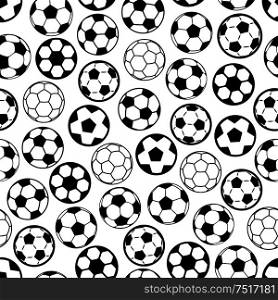 Seamless soccer game pattern with black and white sporting background, composed of football or soccer balls. Wallpaper or scrapbook page backdrop design. Soccer game seamless pattern with football balls