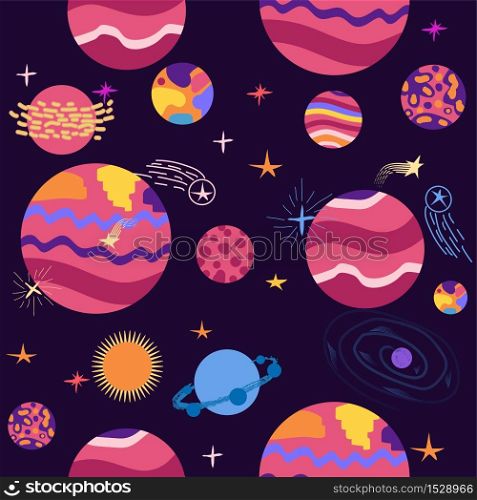 Seamless space pattern. Planets, rockets and stars. Cartoon spaceship. Childish background. Hand drawn illustration.. Seamless space pattern. Planets, rockets and stars. Cartoon spaceship