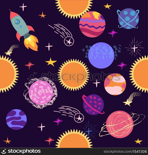 Seamless space pattern. Planets, rockets and stars. Cartoon spaceship. Childish background. Hand drawn illustration.. Seamless space pattern. Planets, rockets and stars. Cartoon spaceship