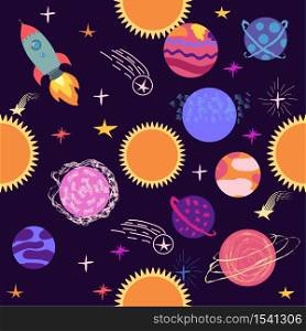 Seamless space pattern. Planets, rockets and stars. Cartoon spaceship. Childish background. Hand drawn illustration.. Seamless space pattern. Planets, rockets and stars. Cartoon spaceship