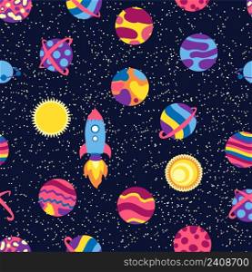 Seamless space pattern. Planets, rockets and stars. Cartoon spaceship. Childish background. Hand drawn illustration.. Seamless space pattern. Planets, rockets and stars. Cartoon spaceship. Childish background. Hand drawn