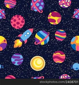 Seamless space pattern. Planets, rockets and stars. Cartoon spaceship. Childish background. Hand drawn illustration.. Seamless space pattern. Planets, rockets and stars. Cartoon spaceship. Childish background. Hand drawn