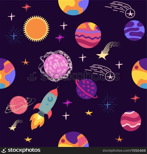 Seamless space pattern. Planets, rockets and stars. Cartoon spaceship icons. Hand drawn. Seamless space pattern. Planets, rockets and stars. Cartoon spaceship icons. Kid&rsquo;s elements for scrap-booking.
