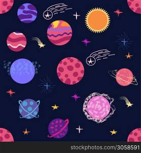 Seamless space pattern. Planets, rockets and stars. Cartoon spaceship icons. Hand drawn. Seamless space pattern. Planets, rockets and stars. Cartoon spaceship icons. Kid&rsquo;s elements for scrap-booking.