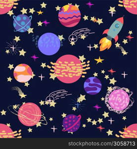 Seamless space pattern. Planets, rockets and stars. Cartoon spaceship icons. Hand drawn. Seamless space pattern. Planets, rockets and stars. Cartoon spaceship icons. Kid&rsquo;s elements for scrap-booking.