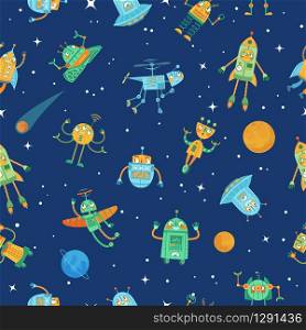 Seamless space robots pattern. Cute robot in space with stars and planets, colourful funny robots cartoon vector illustration. Seamless cosmos with android and robot, universe with machine. Seamless space robots pattern. Cute robot in space with stars and planets, colourful funny robots cartoon vector illustration
