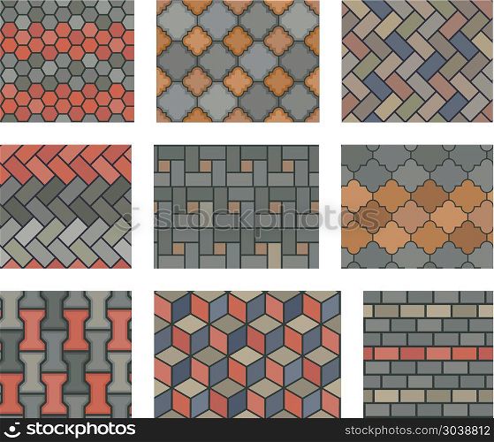 Seamless stone tiles pavement vector set. landscape design elements. Seamless stone tiles pavement vector set. landscape design elements. Pattern stone pavement and illustration tiles stone wall
