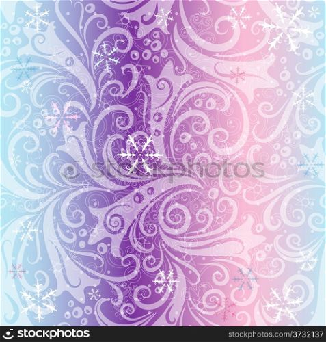 Seamless striped christmas pattern with translucent vintage curls and snowflakes (vector EPS 10)