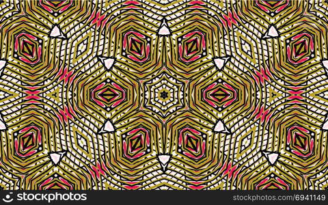 Seamless striped vector pattern. Colored decorative repainting background with tribal and ethnic motifs. Abstract geometric roughly hatched shapes. Circular design.