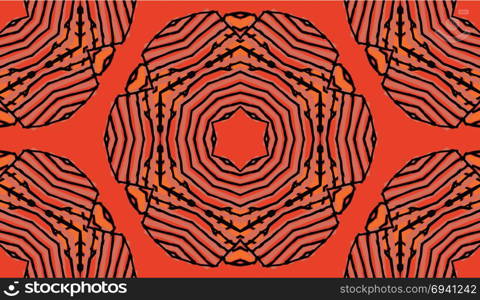 Seamless striped vector pattern. Colored decorative repainting background with tribal and ethnic motifs. Abstract geometric roughly hatched shapes. Circular design.