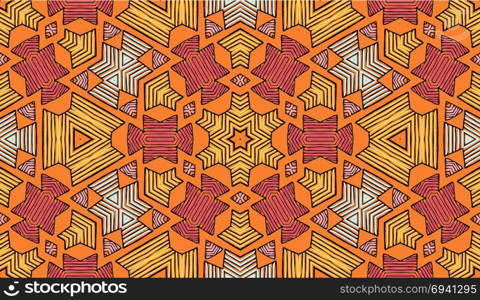 Seamless striped vector pattern. Colored decorative repainting background with tribal and ethnic motifs. Abstract geometric roughly hatched shapes. Circular design.