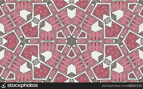 Seamless striped vector pattern. Colored decorative repainting background with tribal and ethnic motifs. Abstract geometric roughly hatched shapes. Circular design.