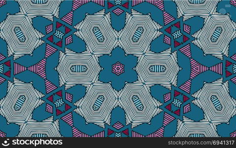 Seamless striped vector pattern. Colored decorative repainting background with tribal and ethnic motifs. Abstract geometric roughly hatched shapes. Circular design.