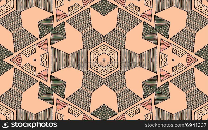 Seamless striped vector pattern. Colored decorative repainting background with tribal and ethnic motifs. Abstract geometric roughly hatched shapes. Circular design.