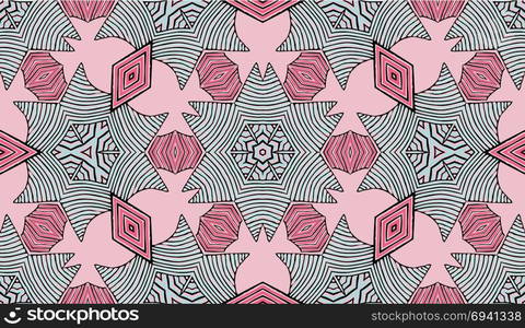 Seamless striped vector pattern. Colored decorative repainting background with tribal and ethnic motifs. Abstract geometric roughly hatched shapes. Circular design.