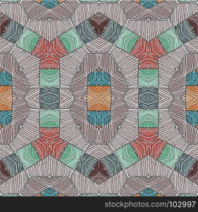 Seamless striped vector pattern. Vintage colored decorative repainting background with tribal and ethnic motifs. Abstract geometric roughly hatched shapes colored with hand drawn brush stokes.