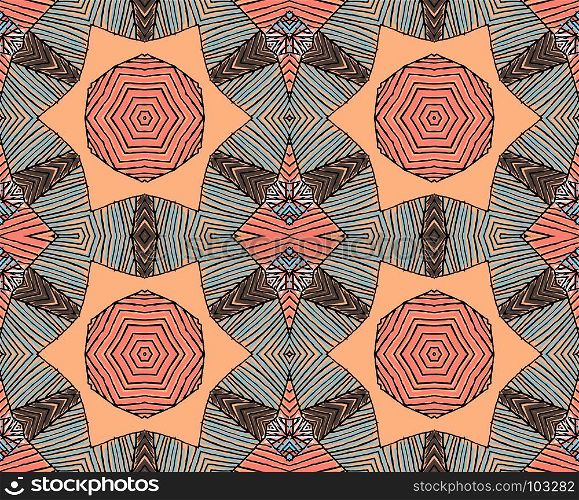 Seamless striped vector pattern. Vintage colored decorative repainting background with tribal and ethnic motifs. Abstract geometric roughly hatched shapes colored with hand drawn brush stokes.