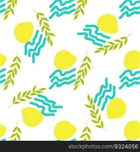 Seamless summer color pattern of abstract shapes. A twig, waves, a yellow spot. Background design, packaging, fabric. Vector illustration.  