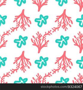 Seamless summer color pattern of abstract shapes.Pink corals are arranged randomly. Background design, packaging, fabric. Vector illustration.  