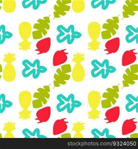 Seamless summer color pattern of abstract shapes.Silhouette of strawberries, pineapple, blob and palm leaf. Background design, packaging, fabric. Vector illustration.

