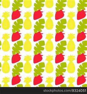 Seamless summer color pattern of abstract shapes.Silhouette of strawberry, pineapple, and palm leaf. Background design, packaging, fabric. Vector illustration.  