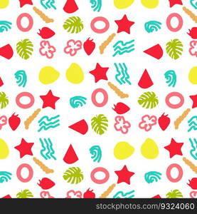 Seamless summer color pattern of abstract shapes.Star, shell, waves, palm leaf and circles. Background design, packaging, fabric. Vector illustration.  