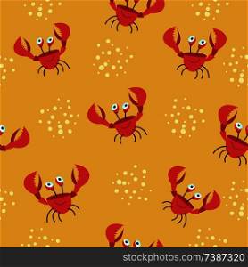 Seamless summer pattern. Funny crabs on yellow sand. Cartoon cute style. Vector illustration. Summer background. For printing on paper, textiles.. Summer seamless patterns. Vector illustration.