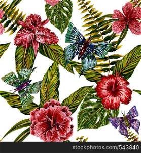 Seamless summer pattern made of tropical flowers, butterfly and leaves painted by hand hatching. Print exotic jungle plants. Natural wallpaper on white background
