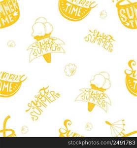 Seamless summer pattern. slice of watermelon and cocktail with inscription summer time and ice cream with sweet summer lettering on white background with seashells. Vector illustration for design decor